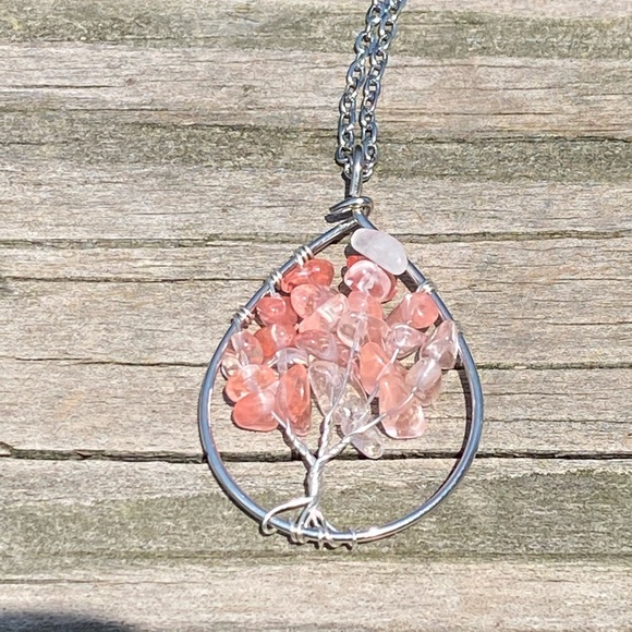 Cherry Quartz gemstone Tree of Life necklace stainless steel chain - Picture 9 of 9